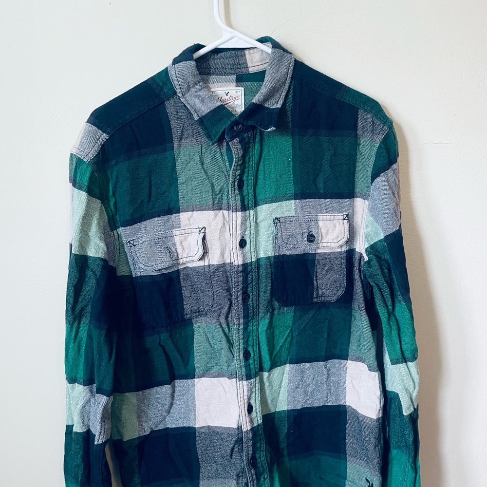 American Eagle Outfitters Heritage Flannel Shirt - Green and Gray